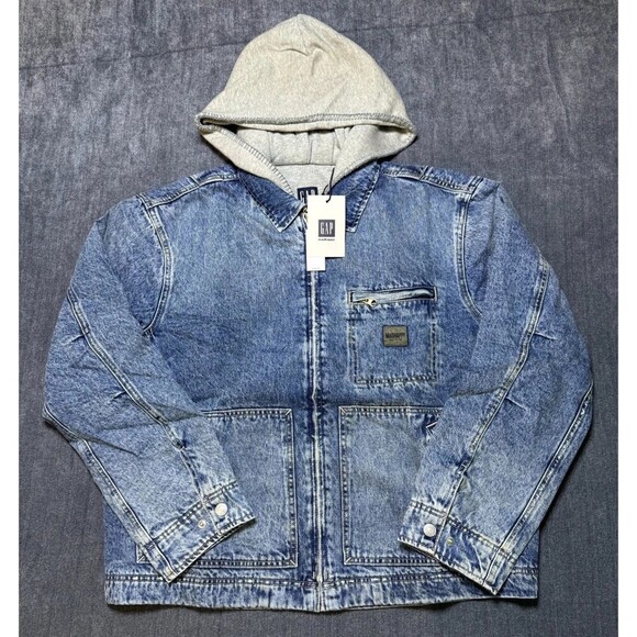 Gap Tops - Gap X MadHappy Denim Jacket Men's Medium Blue Full-Zip Hooded Long Sleeve Collar
